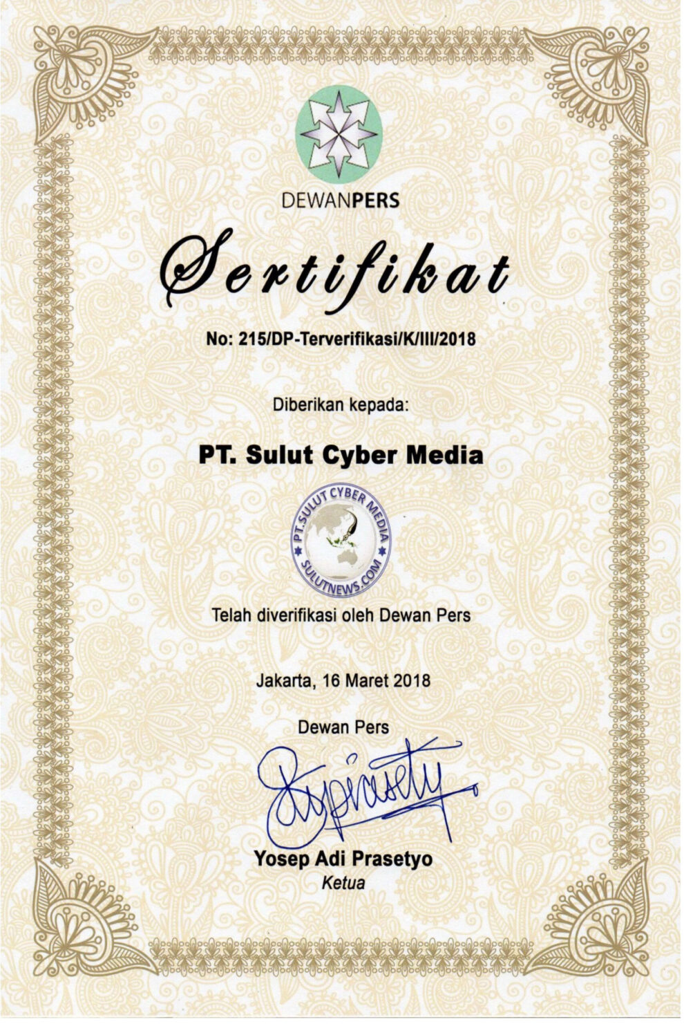 
 Sertifikat Verifikasi Faktual Sulutnews.com
PT.Sulut Cyber Media